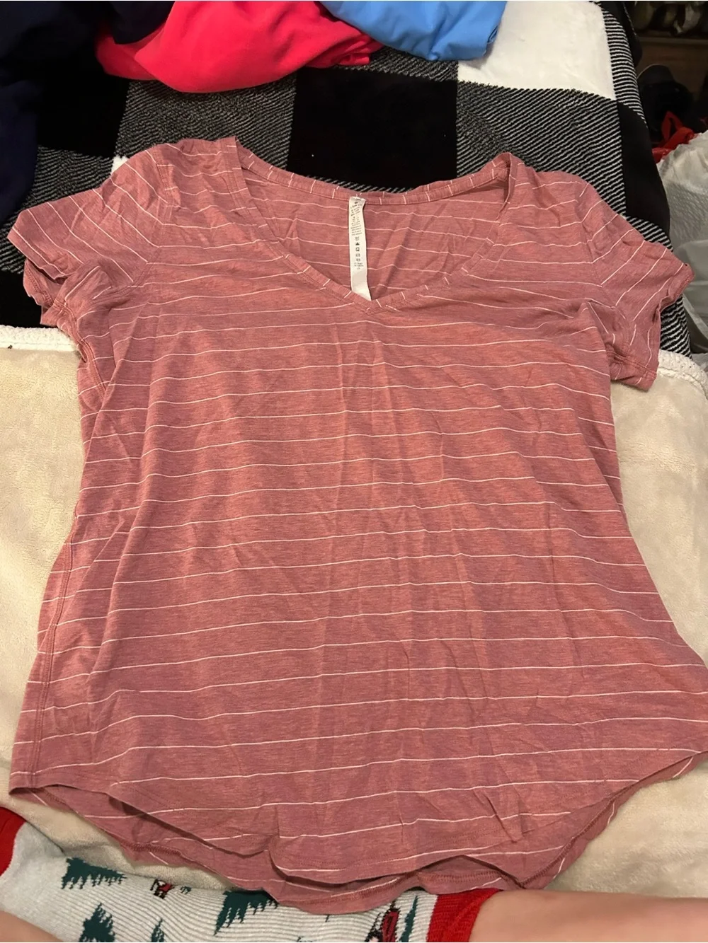 lululemon athletica Rose Pink Striped V-Neck Short Sleeve Tee
